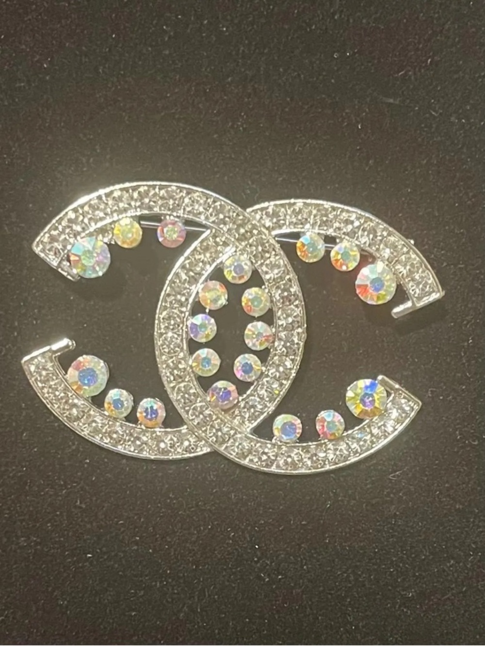 Iridescent Crystal Double-C Brooch in Silver - Picture 4 of 4